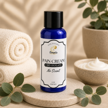 Blue bottle of Stoneville Naturals Pain Cream CBD Isolate No Scent, 1 oz 1000 mg, with rolled towel and bowl of cream on beige surface