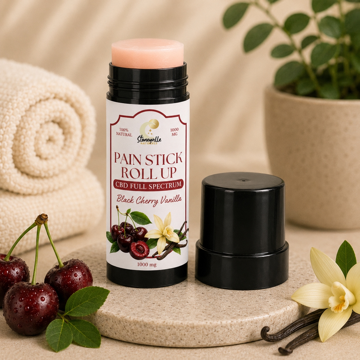 Pain stick roll up CBD full spectrum black cherry vanilla 1000 mg with logo and images of cherries and vanilla flowers on label
