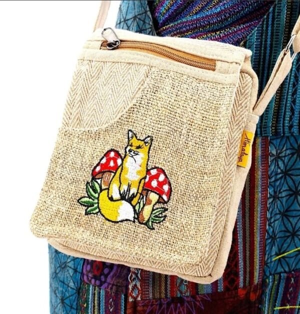 Hemp Fox Mushroom Hand Embroidered Passport Bag
