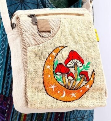 Hemp Moon Mushroom Hand Embroidered Passport Bag