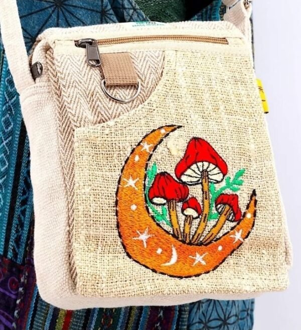 Hemp Moon Mushroom Hand Embroidered Passport Bag