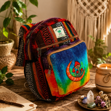 Hemp Moon Mushroom Hand Embroidered Sling Backpack